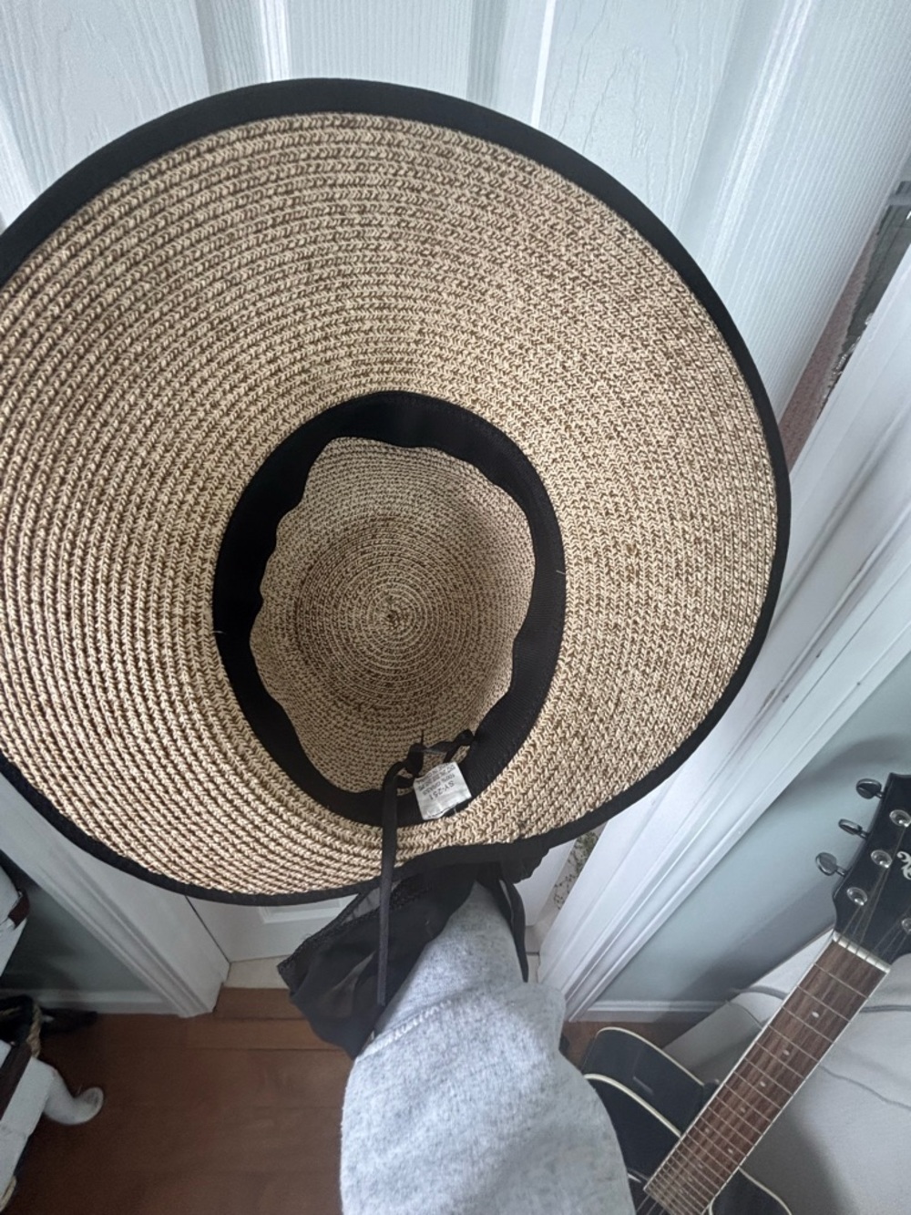 Natural Straw Sun Hat with Black Trim and Ties